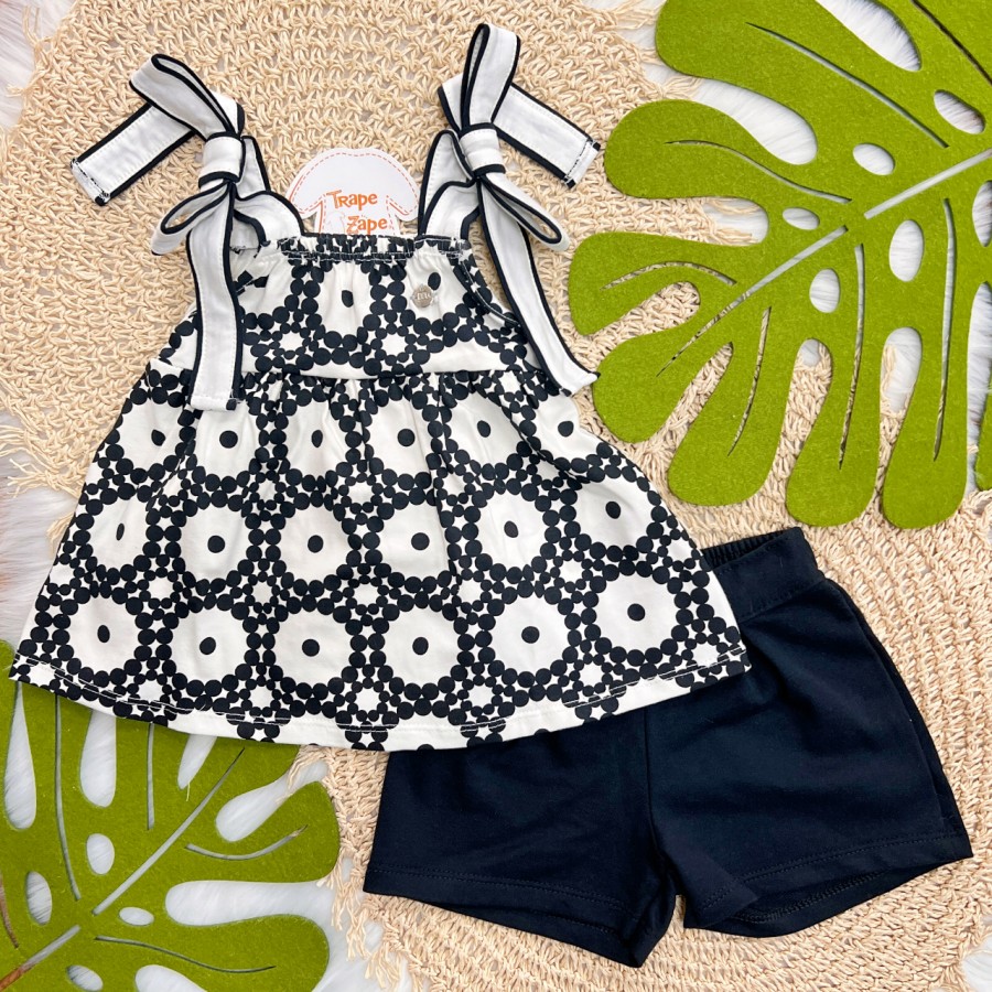 Conj. Bata Bolinhas e Short - Preto e Branco